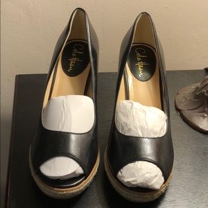 Cole Haan Black Leather Cork Wedge